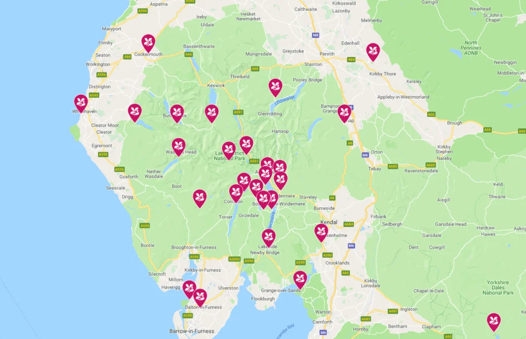 Map showing National Trust Attractions in The Lake District.
