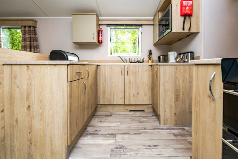3-bed hire caravan holiday home kitchen open plan