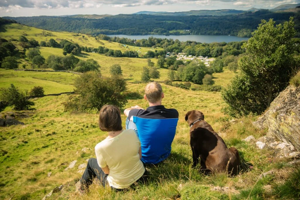 Lake Windermere couple with dog landscape Lake District