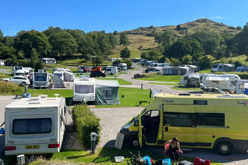Overview of Motorhomes at Park Cliffe on blue sky background