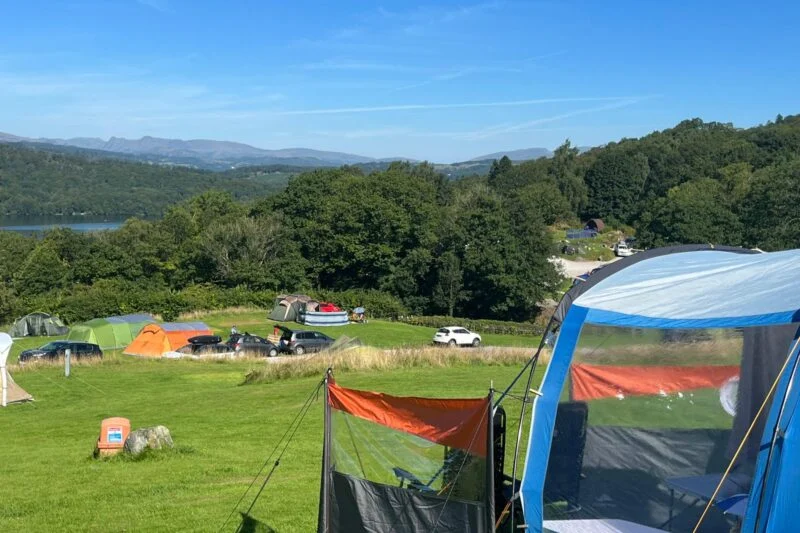 Tents pitched in campsite overlooking Windermere