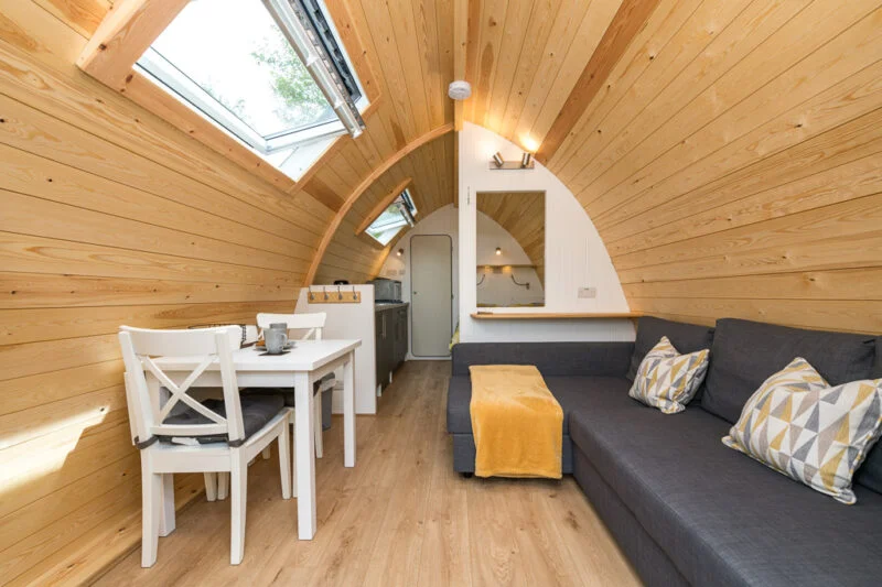 deluxe camping pod living room and kitchen park cliffe