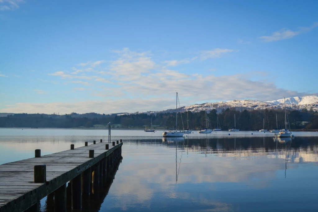 waterhead jetty in the lake district at winter