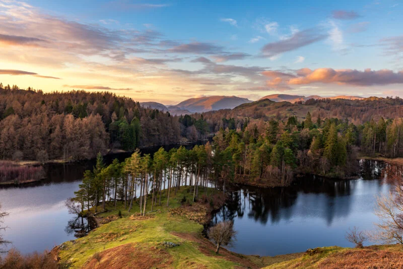 tarn hows in the lake district at sunset
